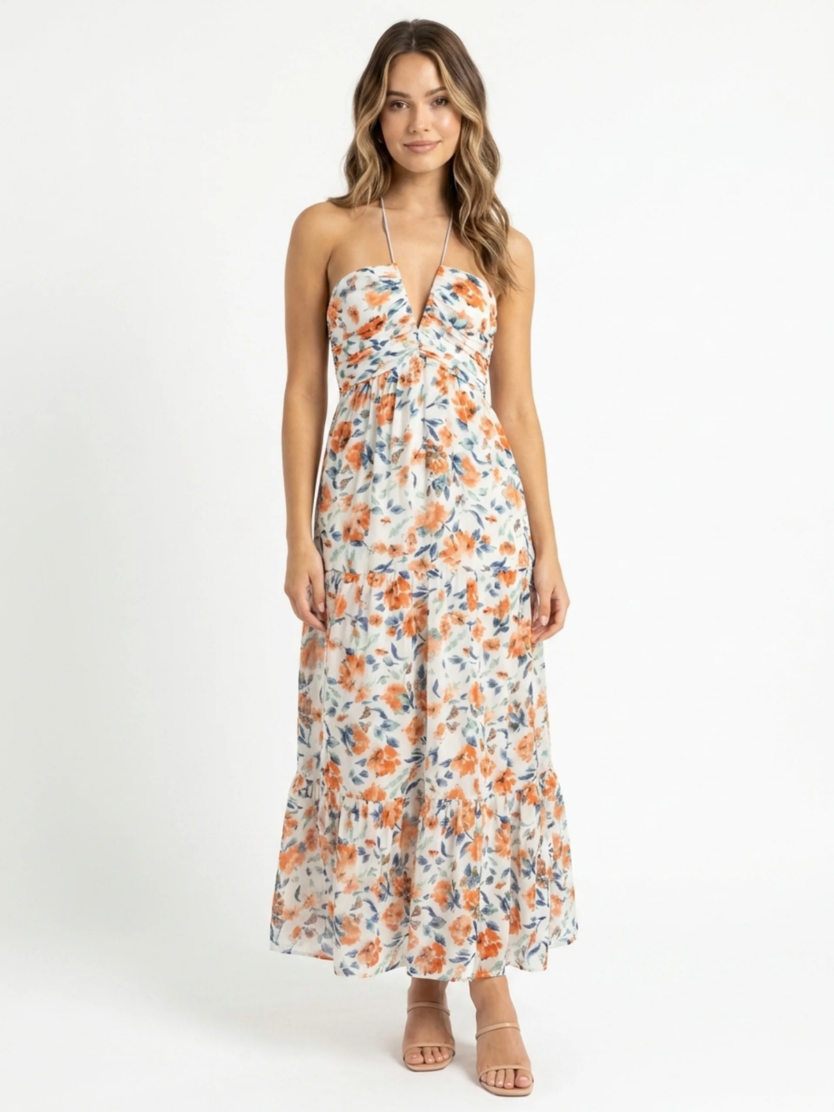 Tilly halter-neck tiered tulle maxi dress in orange — side view