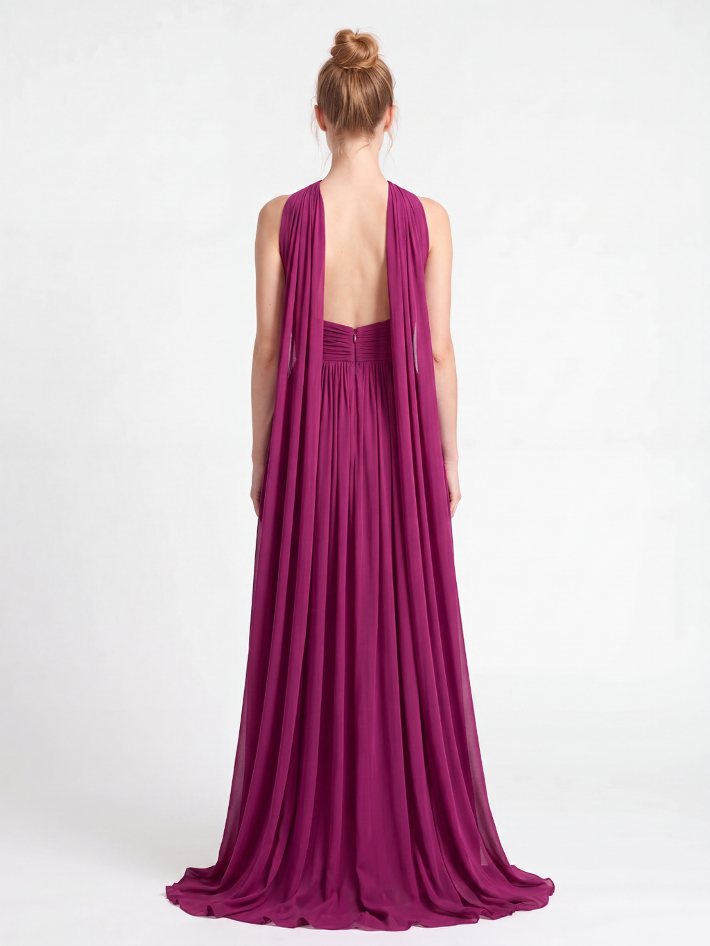Tave halter ruched keyhole cutout maxi gown in purple — back view