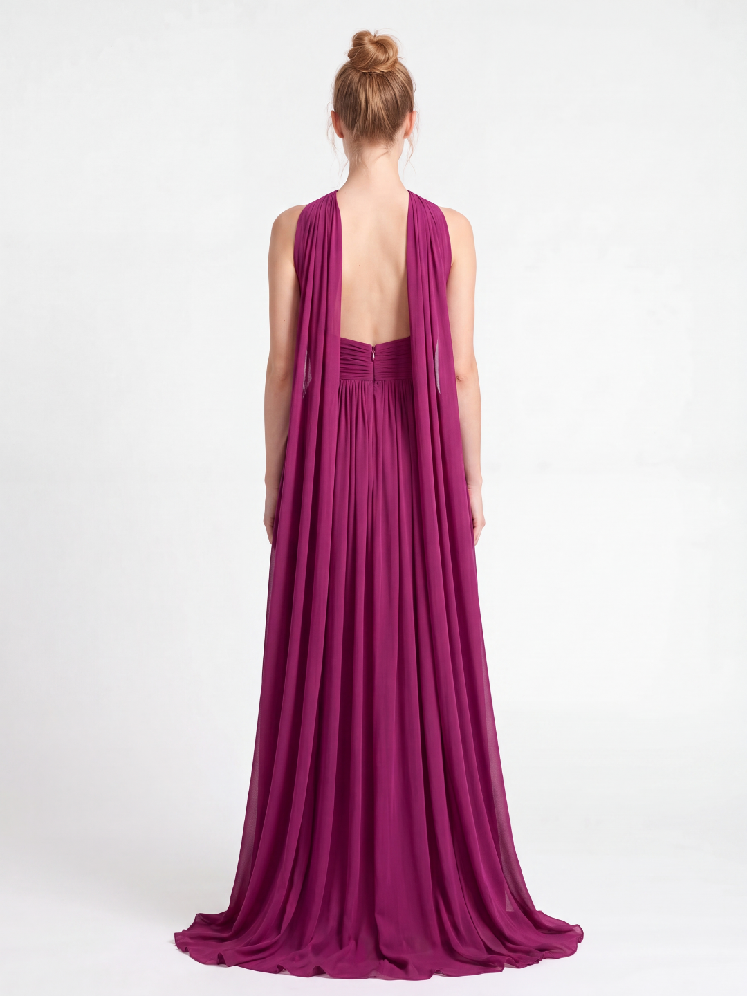 Tave halter ruched keyhole cutout maxi gown in purple — back view