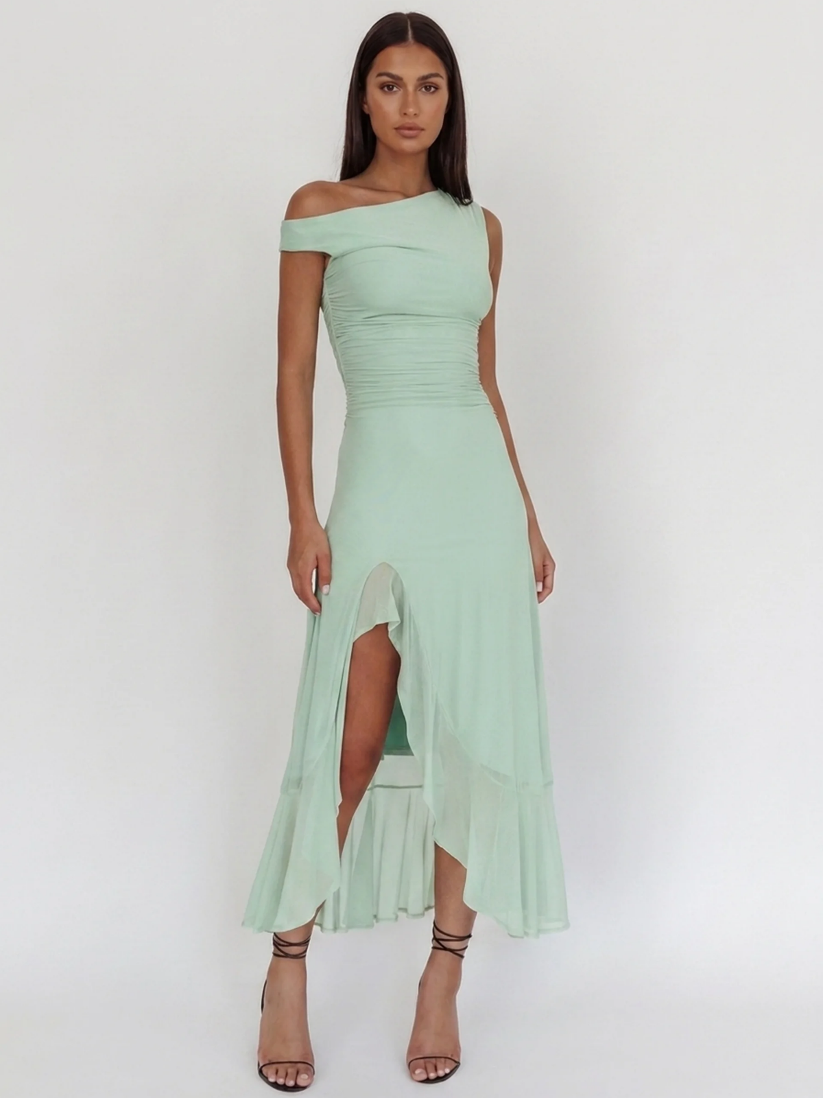 Anouk asymmetric off-shoulder ruched maxi dress in light green — back view