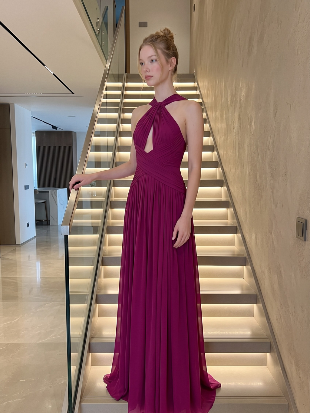 Tave halter ruched keyhole cutout maxi gown in purple — side view