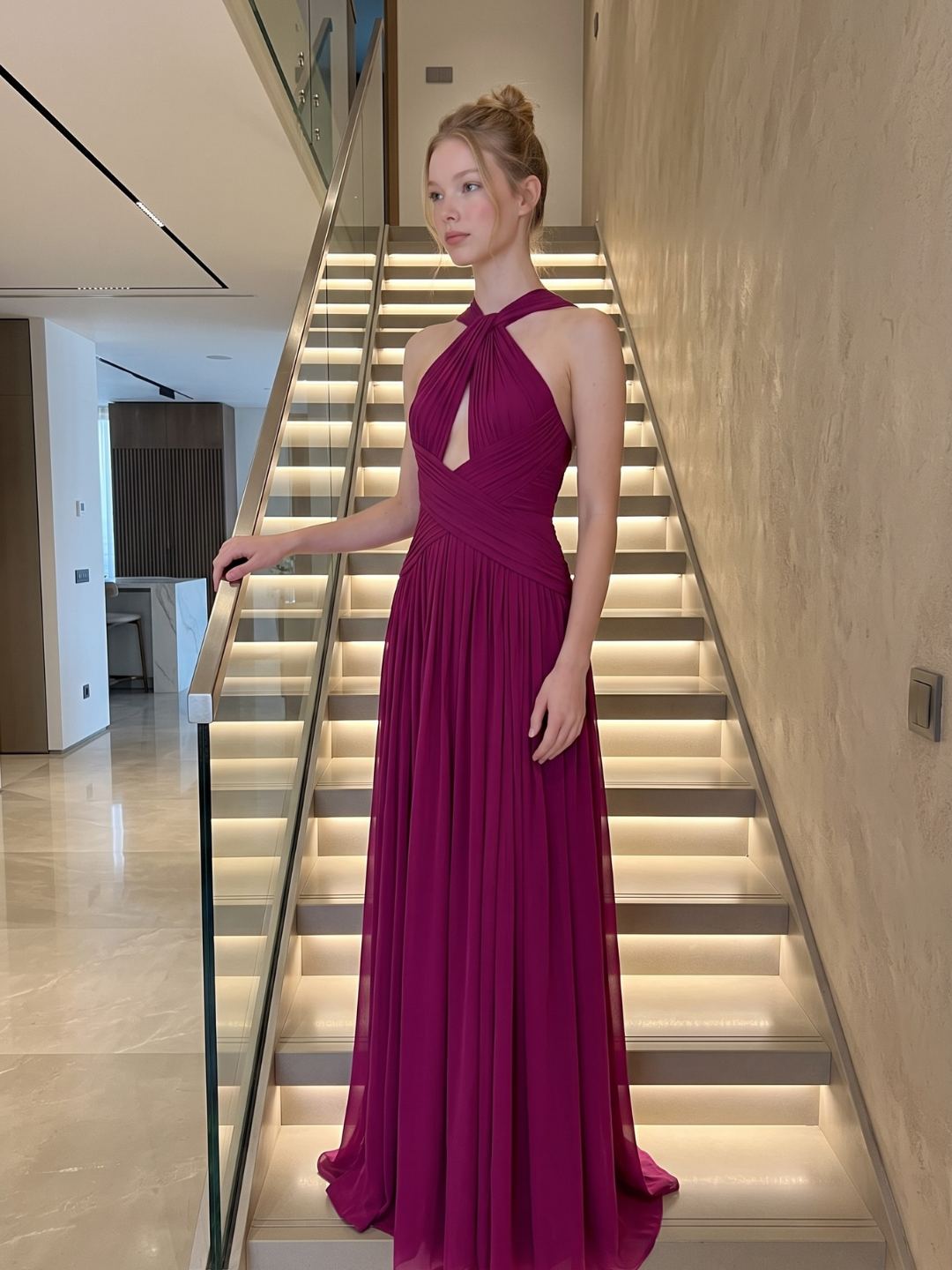 Tave halter ruched keyhole cutout maxi gown in purple — side view