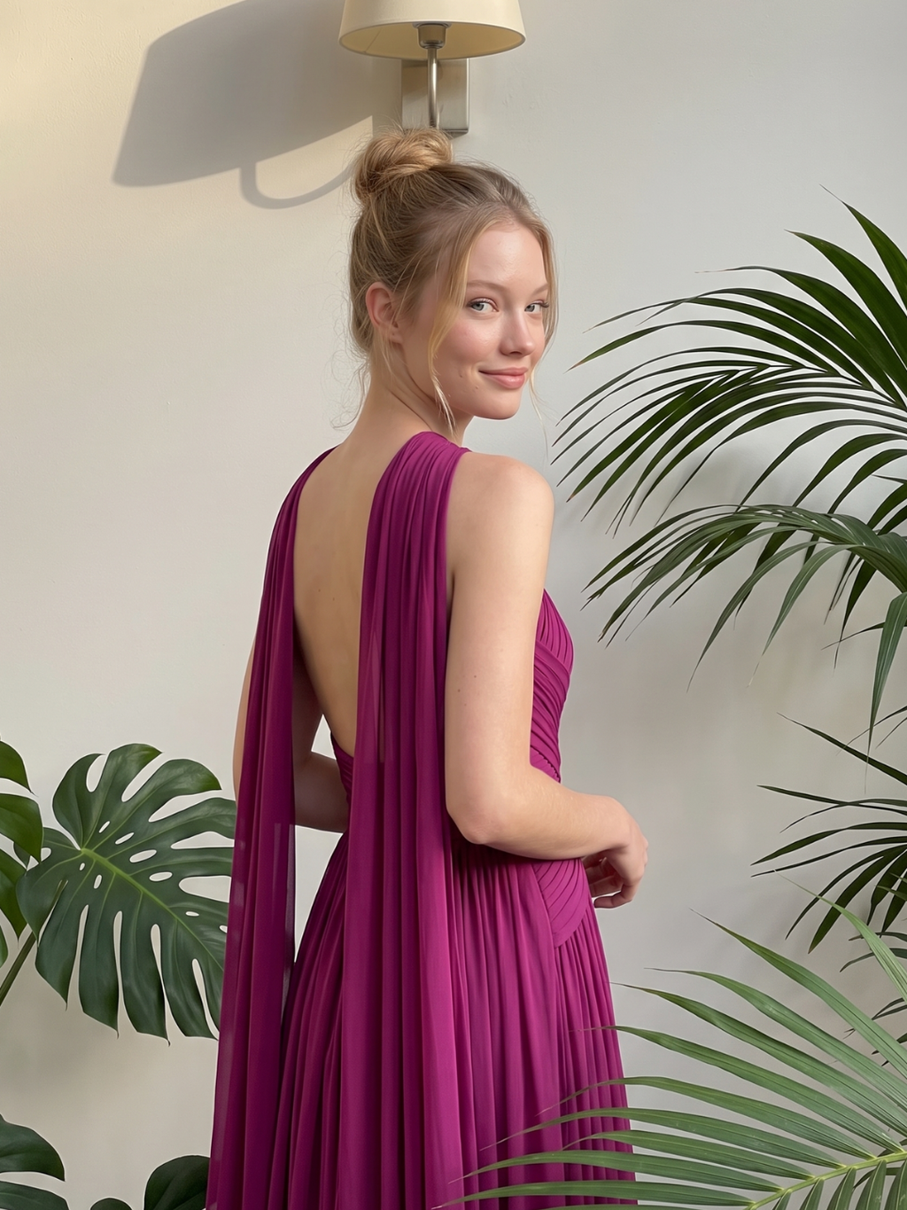 Tave halter ruched keyhole cutout maxi gown in purple — detail view