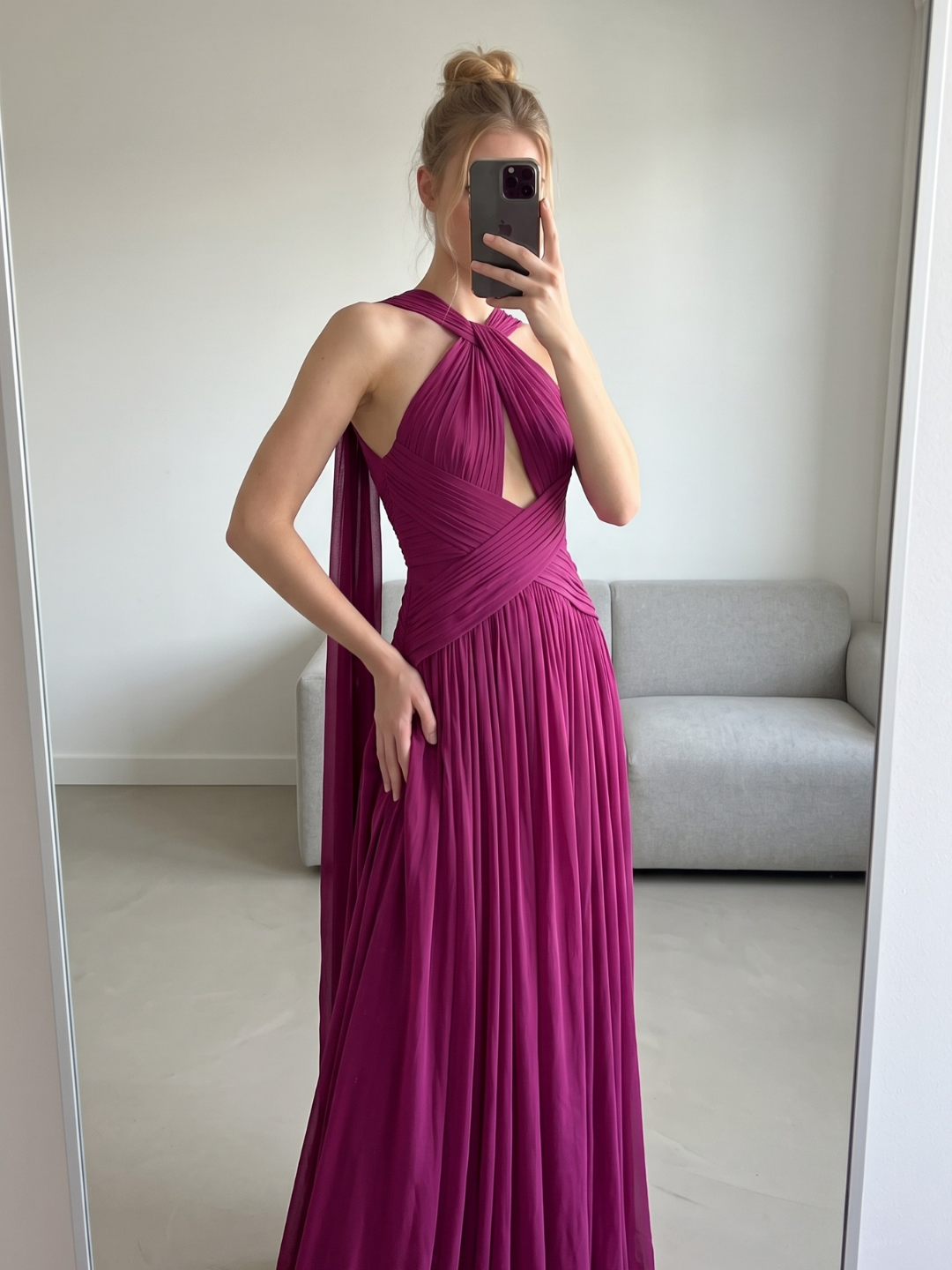Tave halter ruched keyhole cutout maxi gown in purple — full-length view