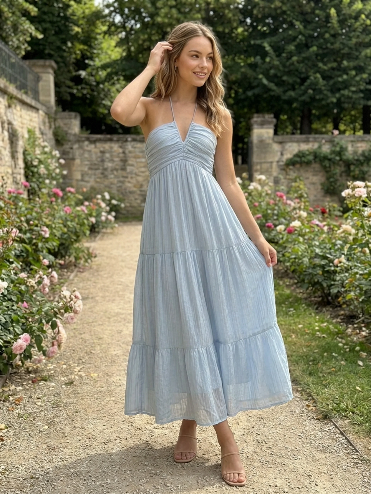 Tilly halter-neck tiered tulle maxi dress in floral — front view
