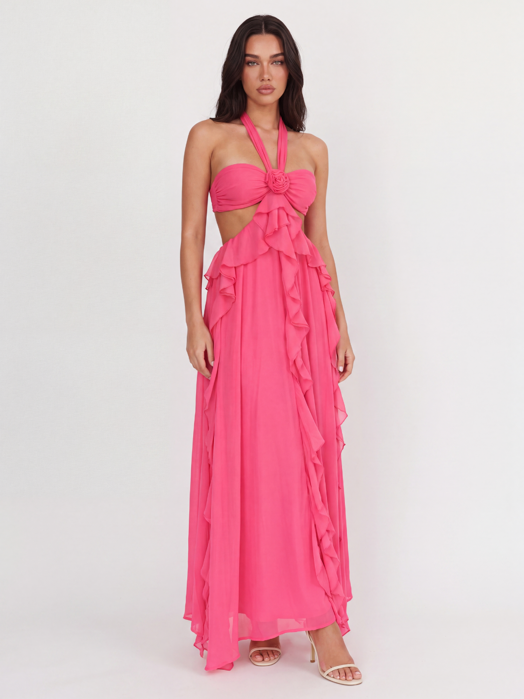 Bexley halterneck cut-out ruffle maxi dress in dark pink — front view