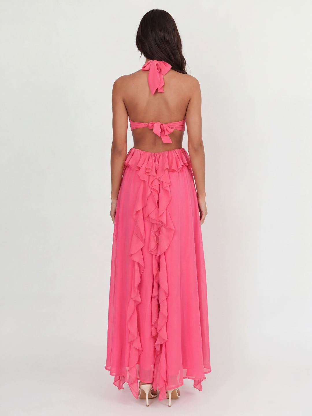 Bexley halterneck cut-out ruffle maxi dress in dark pink — back view