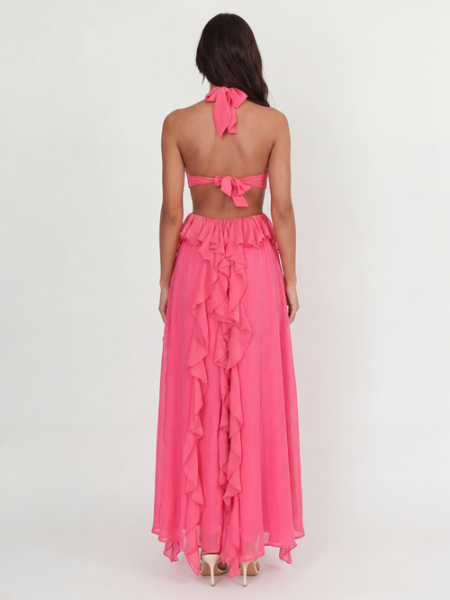 Bexley halterneck cut-out ruffle maxi dress in dark pink — back view