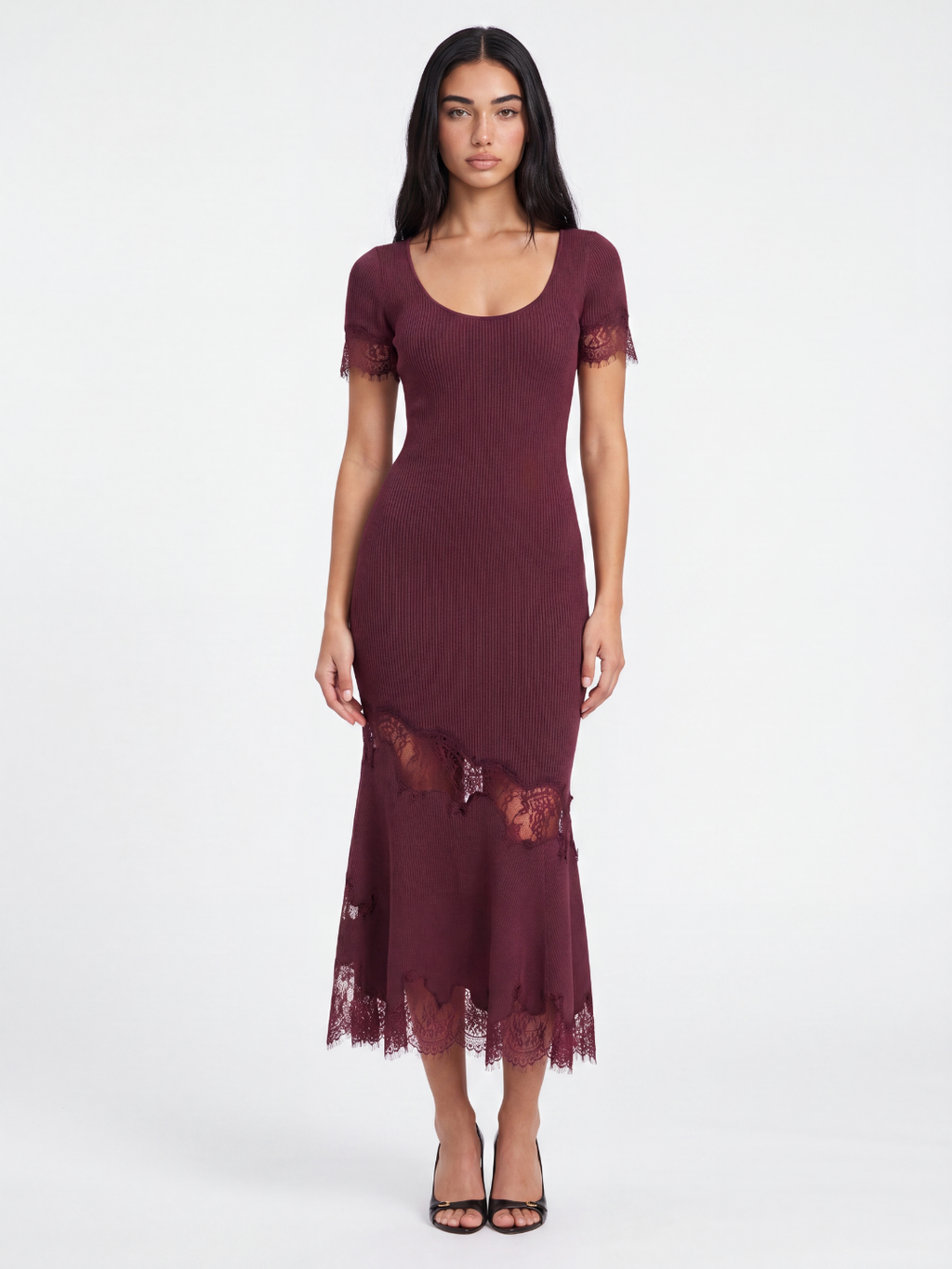 Thea ribbed knit lace-trim mermaid maxi dress in Maroon — front view