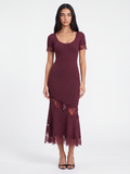 Thea ribbed knit lace-trim mermaid maxi dress in Maroon — front view