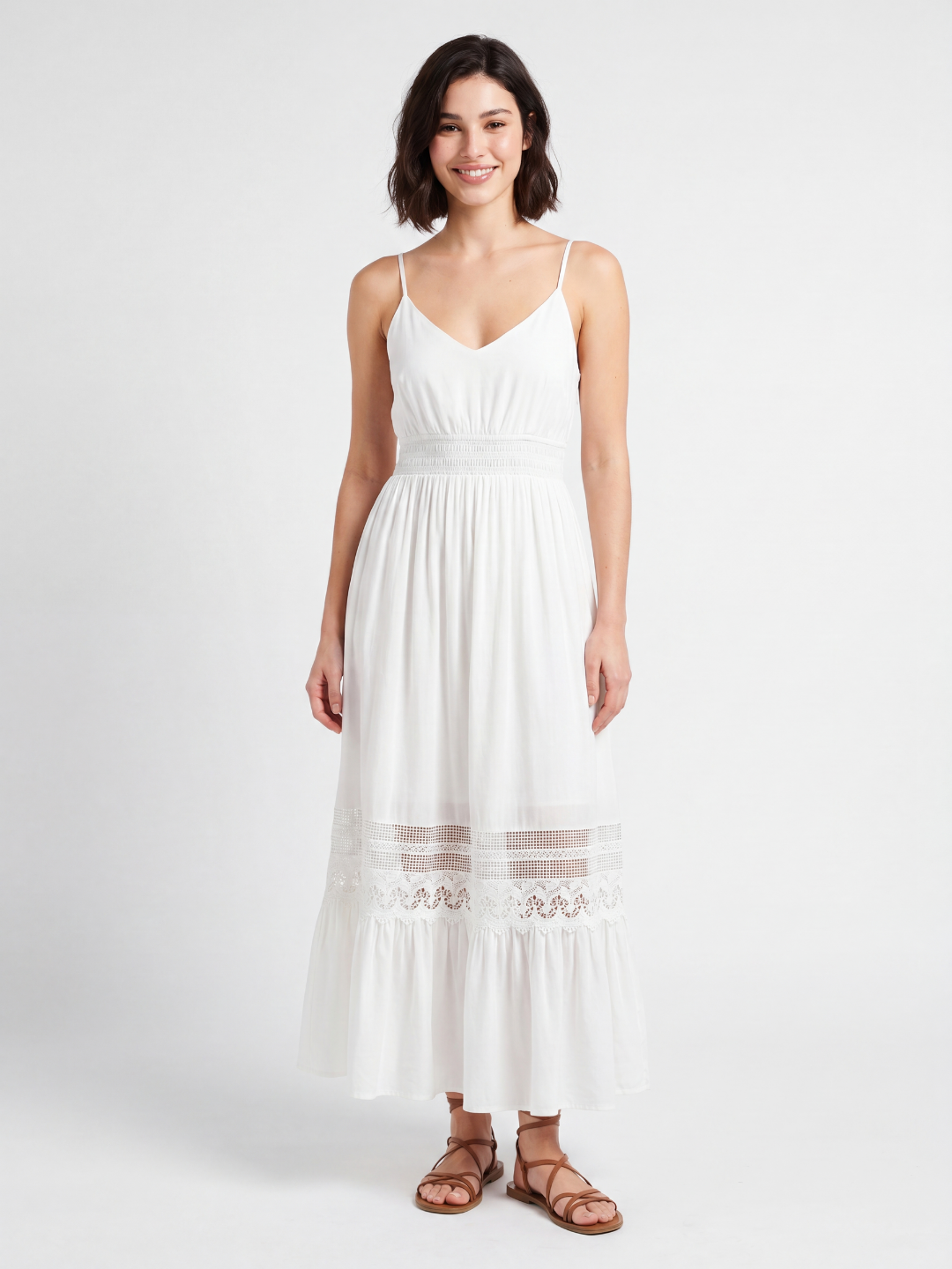 Celine V-neck lace-trim tiered maxi dress in white — front view