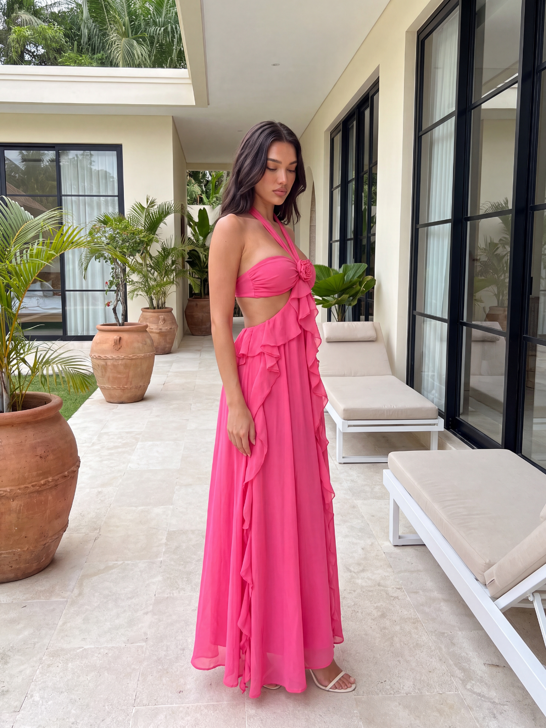 Bexley halterneck cut-out ruffle maxi dress in white — front view