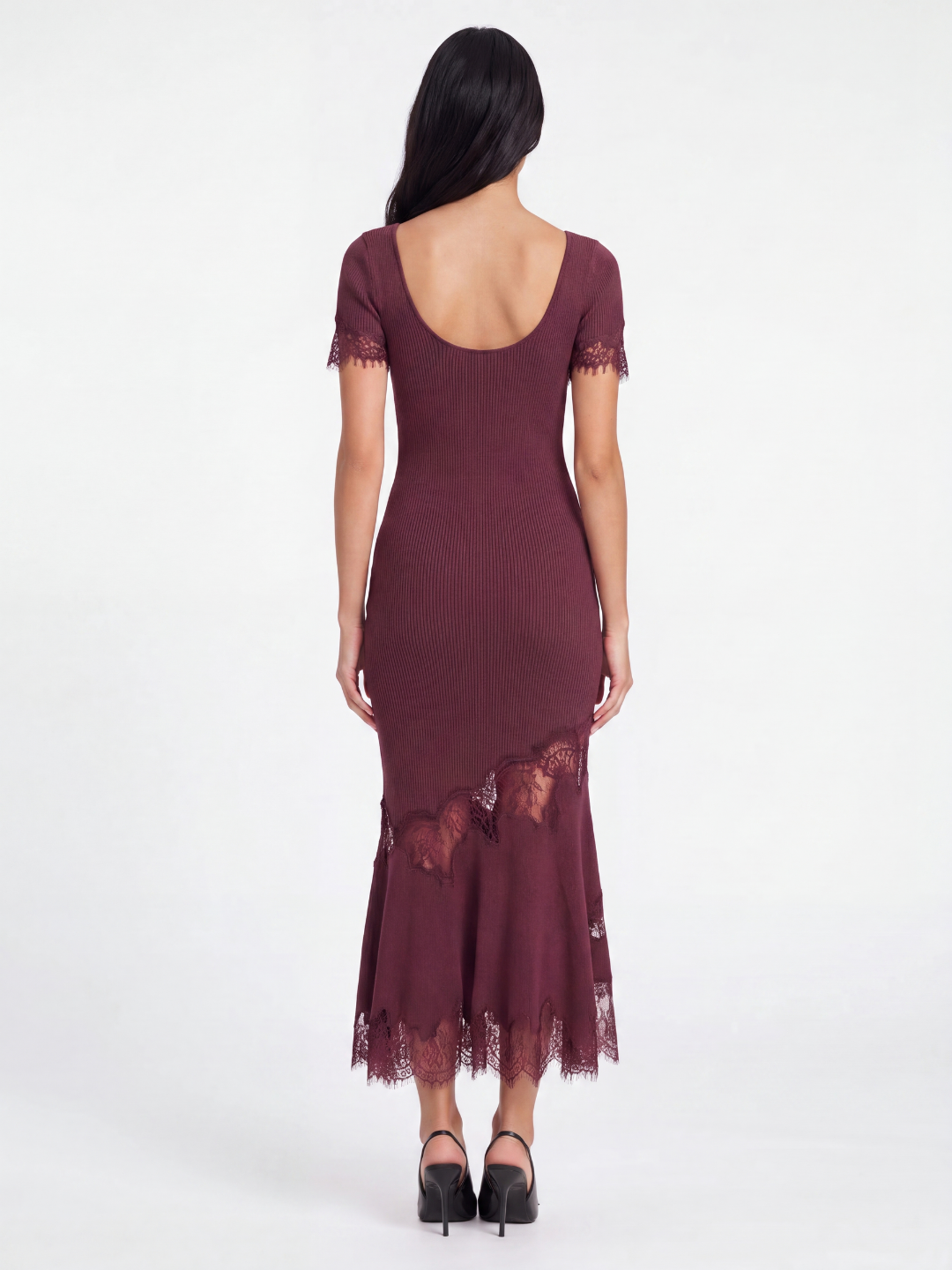Thea ribbed knit lace-trim mermaid maxi dress in Maroon — back view