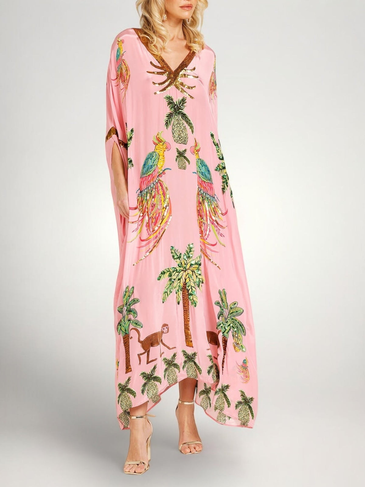 Sahara palm print drop-shoulder kaftan maxi dress — detail view