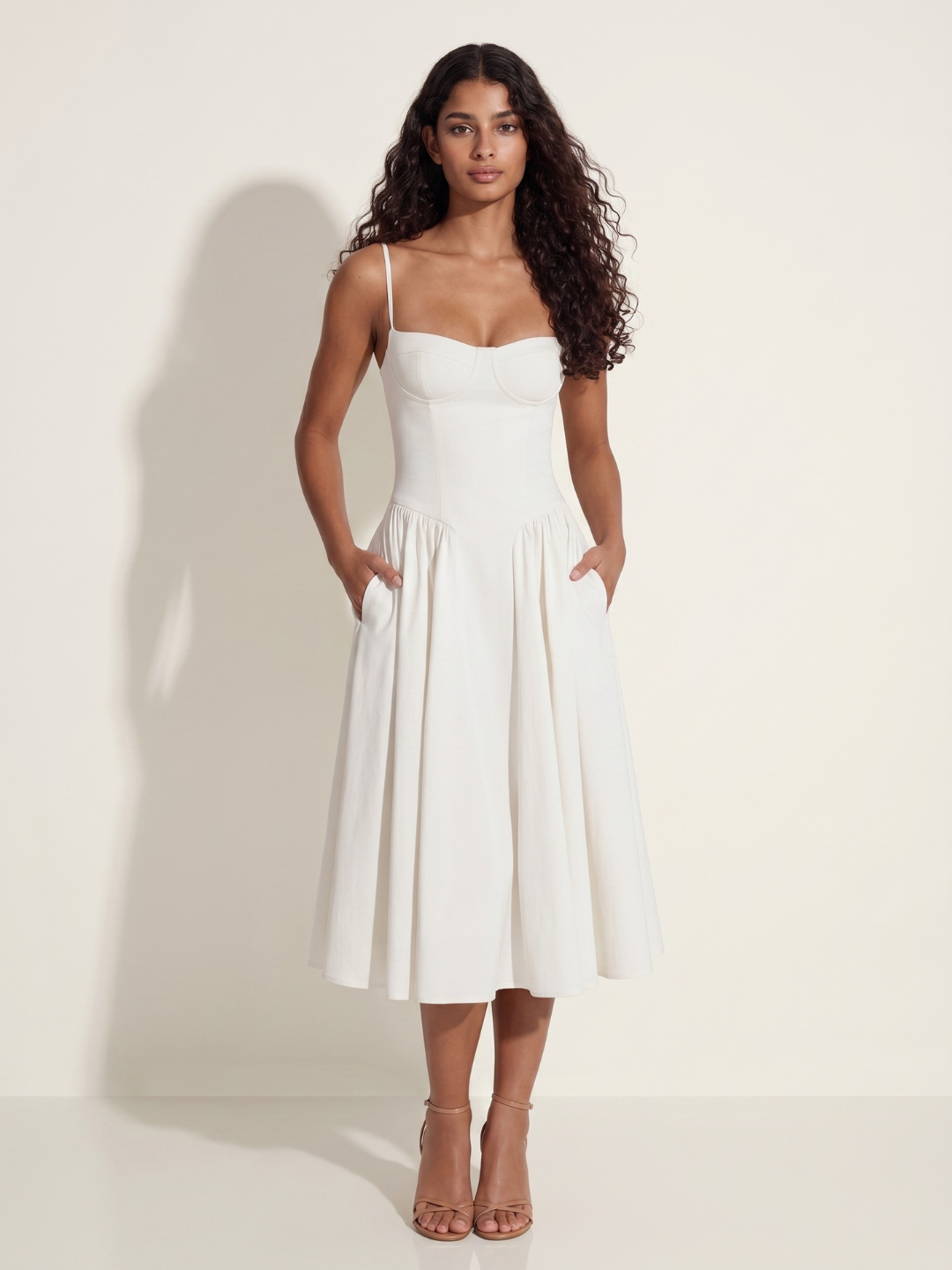 Etta sweetheart bustier twill midi dress in white — front view