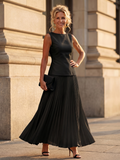 Rhodes boat-neck shell top and pleated maxi skirt two-piece set — styled view