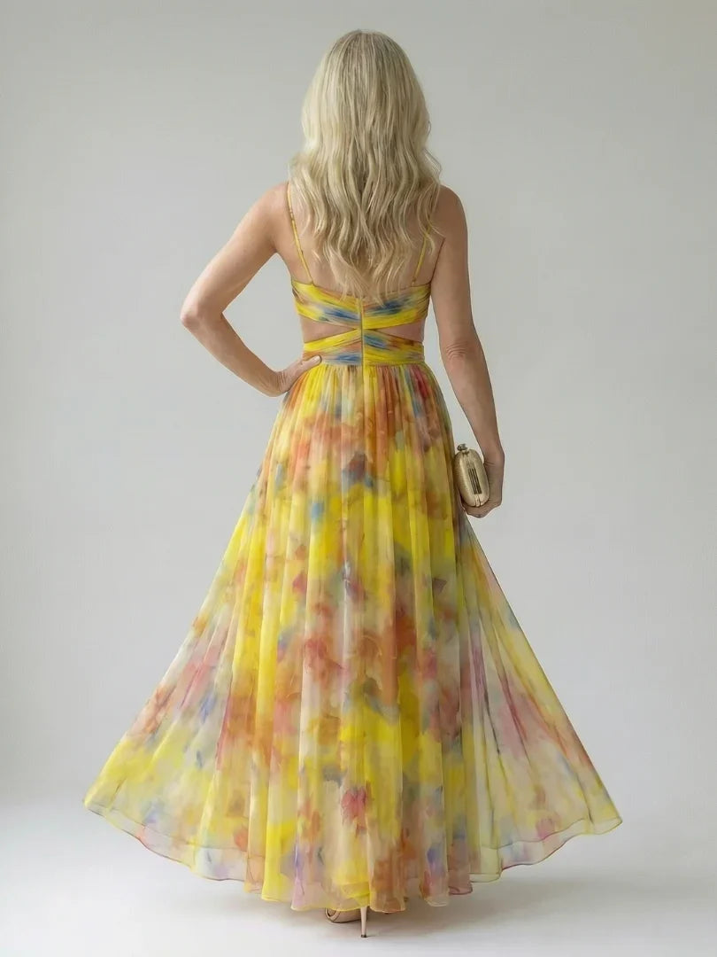 Isel watercolour floral ruched wrap maxi dress — front view