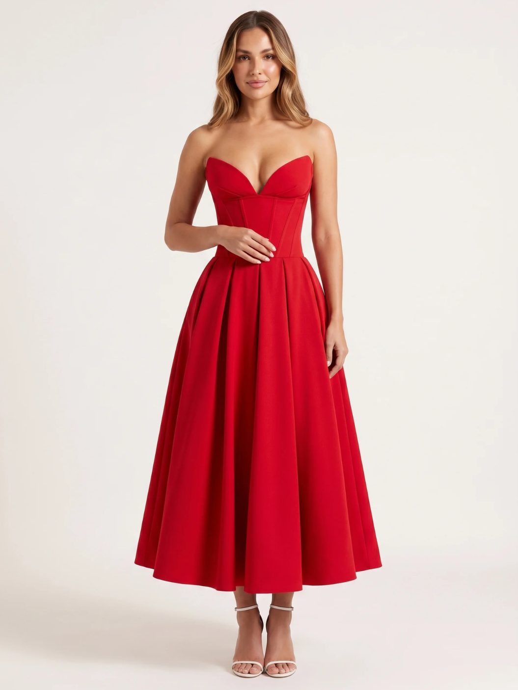 Saskia strapless sweetheart midi dress with full skirt in Black — front view