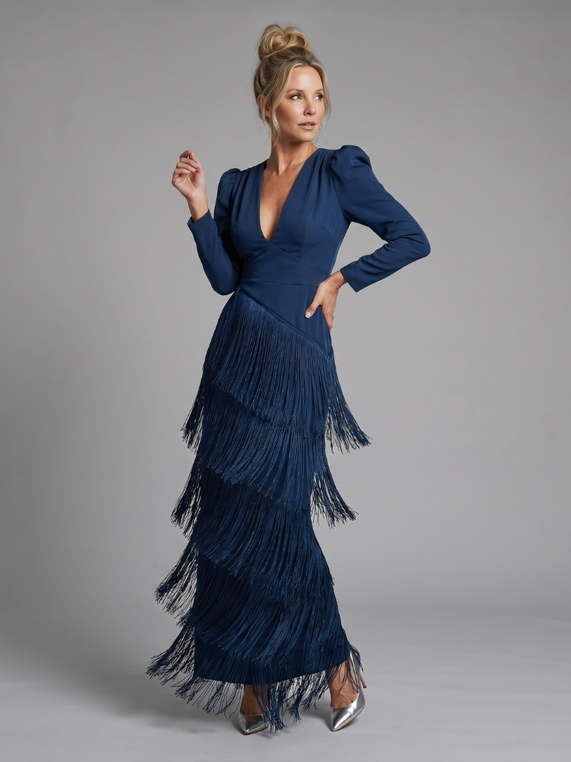 Samara fringed tiered wrap maxi dress — styled view