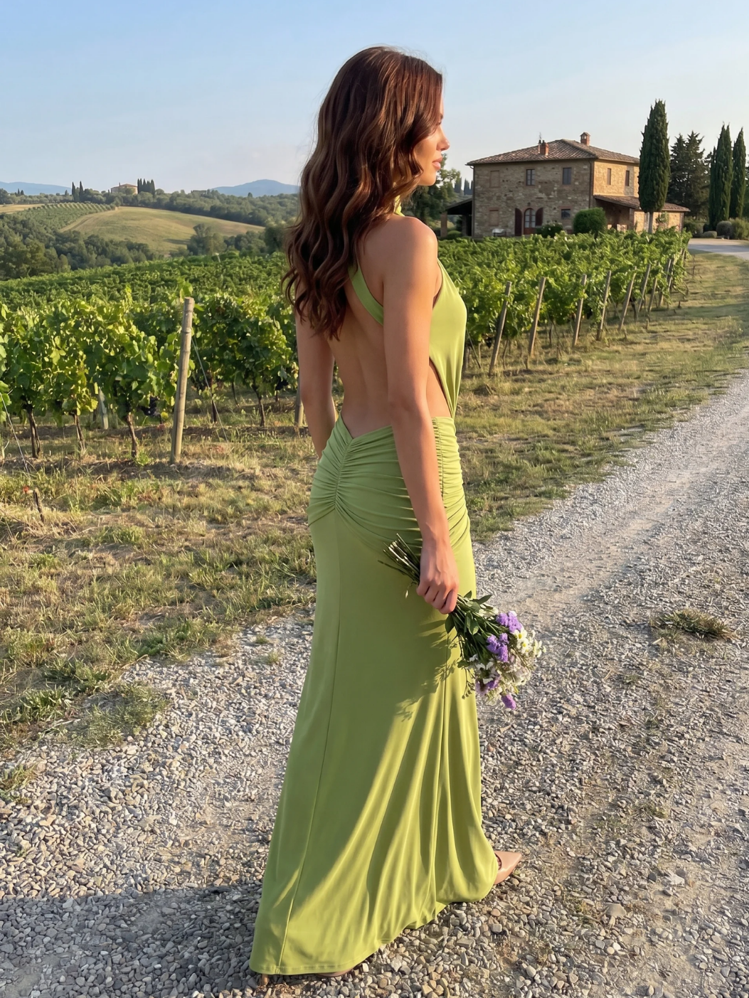 Harper halter neck side-cutout ruched maxi dress — detail view