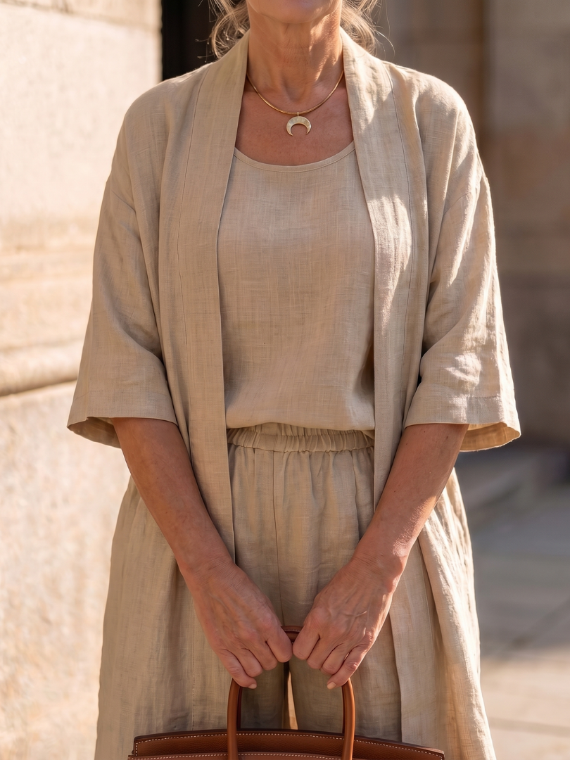 Yael duster, shell top and wide-leg trouser three-piece set — full-length view