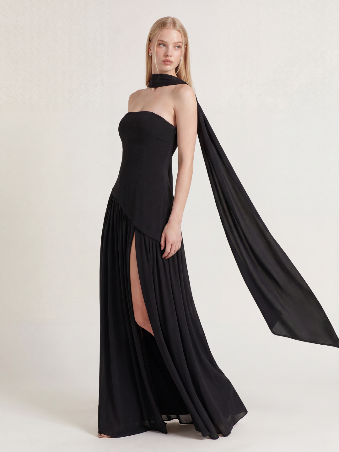 Sasha strapless asymmetric contrast maxi dress in black — back view