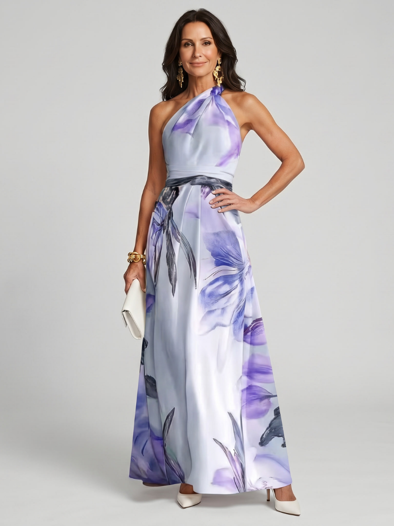 Hester watercolour floral halterneck maxi dress with sash — styled view