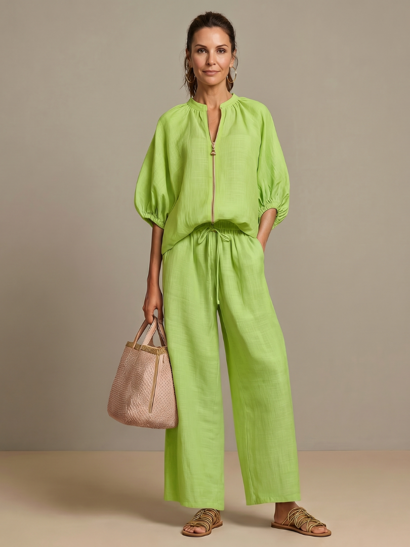 Natalia zip-front blouson top and wide-leg trouser two-piece set — styled view