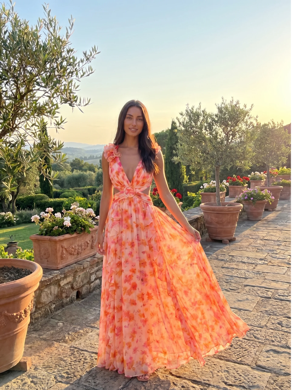 Lark floral plunge cut-out chiffon maxi dress in Orange — front view