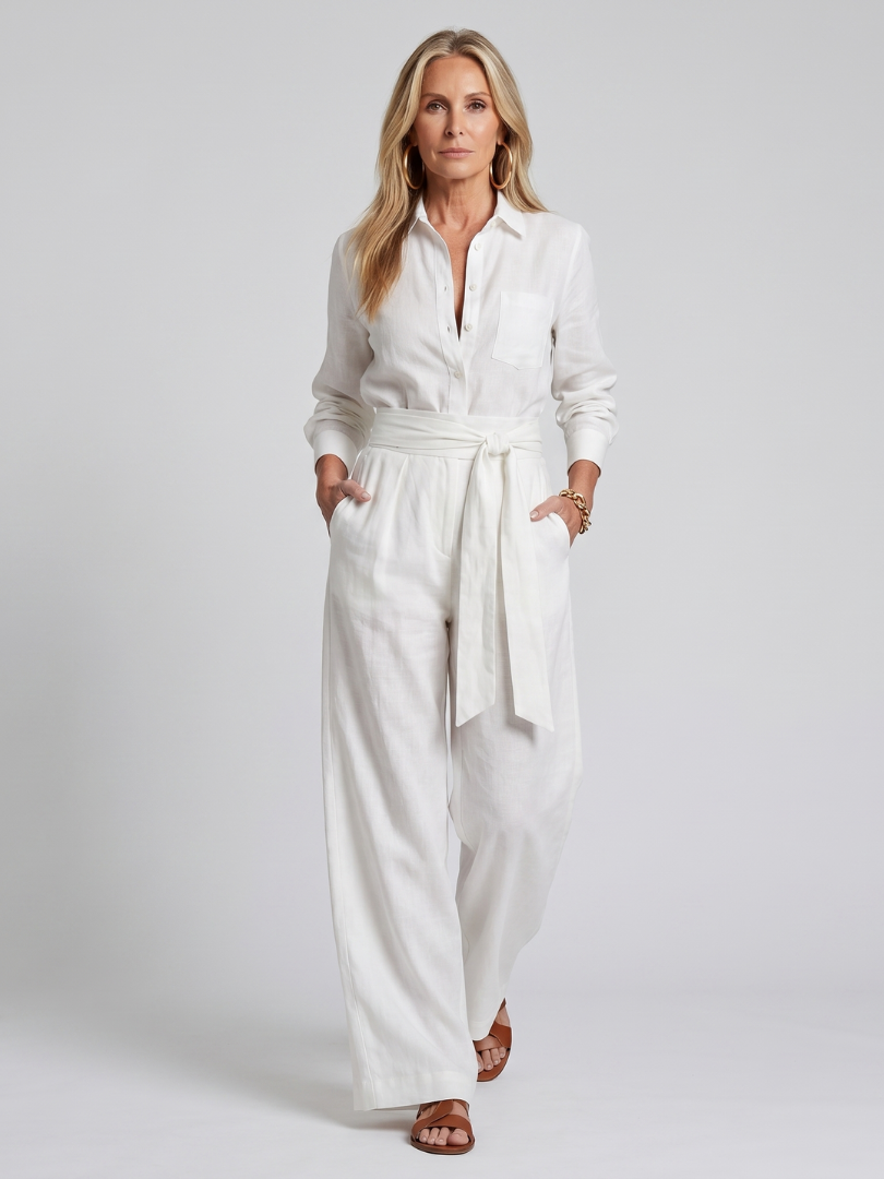 Jovie collared button-front wide-leg jumpsuit — styled view