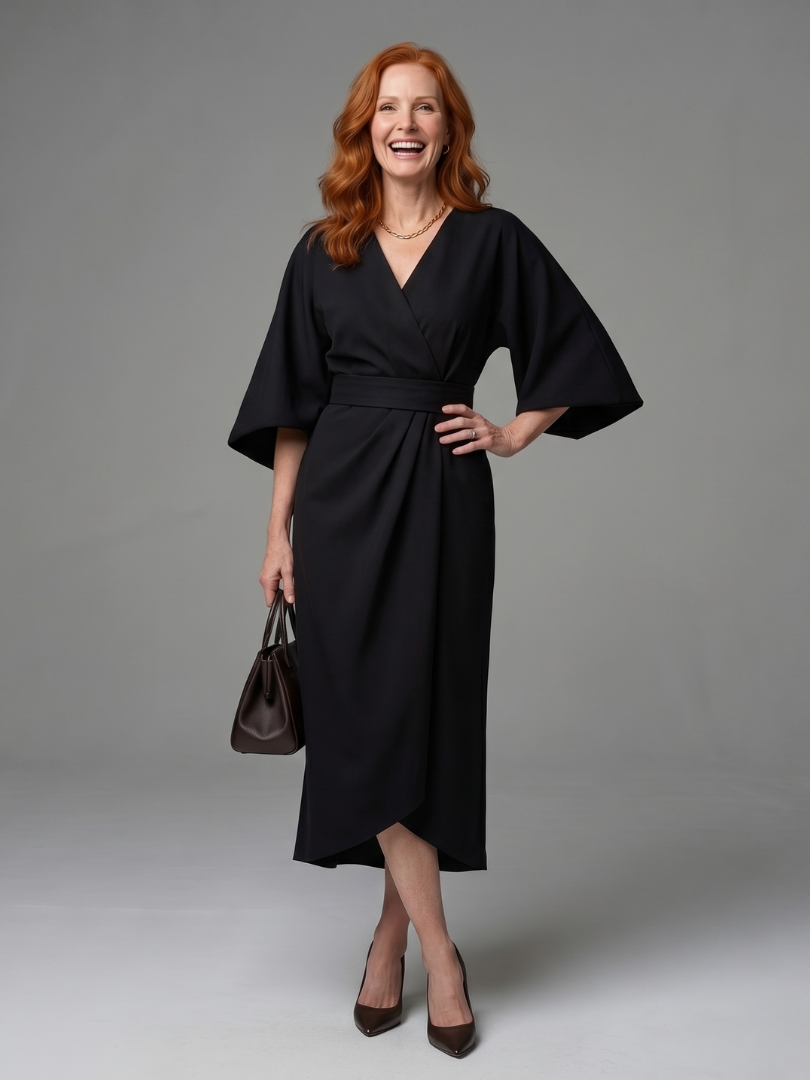 Beryl balloon-sleeve sculpted-waist wrap midi dress — full-length view