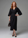 Beryl balloon-sleeve sculpted-waist wrap midi dress — full-length view