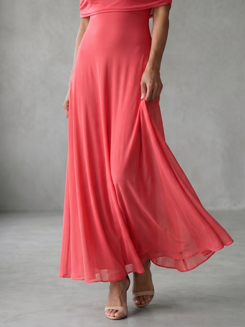 June off-shoulder draped-band maxi dress — full-length view