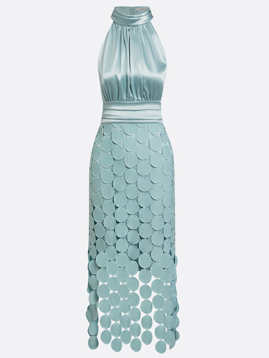 Amelie halterneck satin-finish midi dress with circle appliqué skirt — styled view