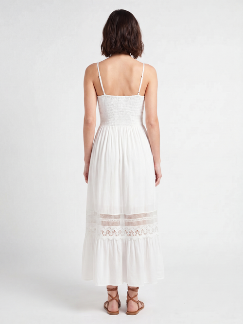 Celine V-neck lace-trim tiered maxi dress in white — back view