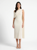 Sienna asymmetric-neck midi dress with sash in white — front view