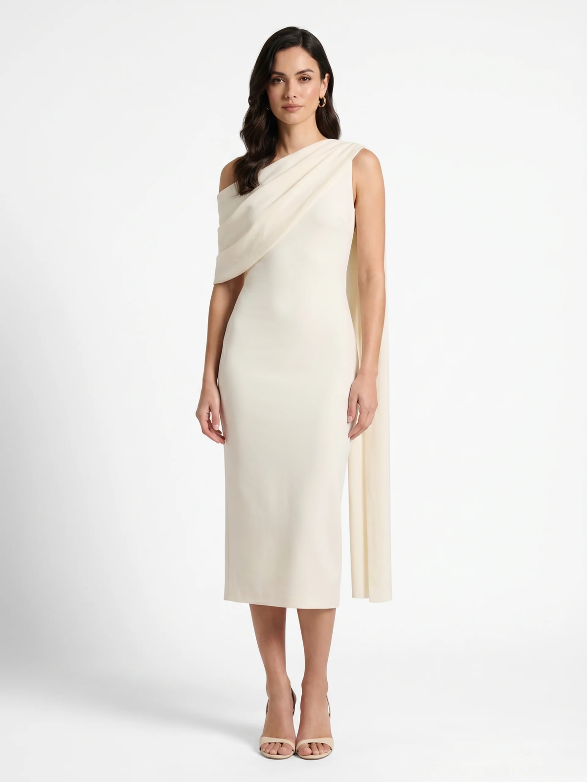 Sienna asymmetric-neck midi dress with sash in white — front view