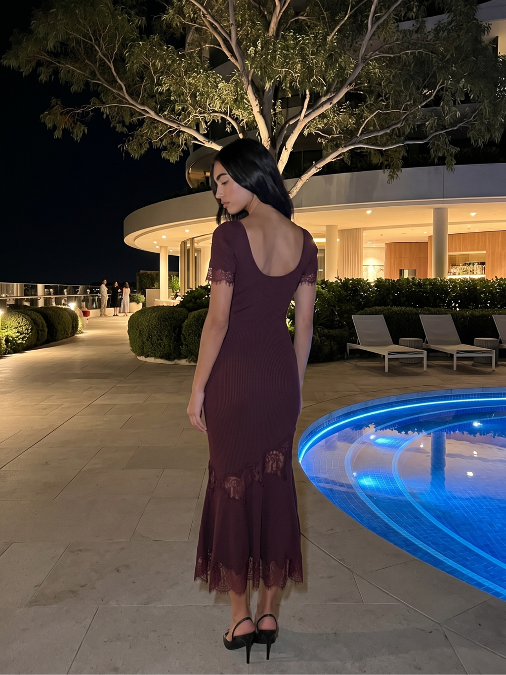 Thea ribbed knit lace-trim mermaid maxi dress in Maroon — side view