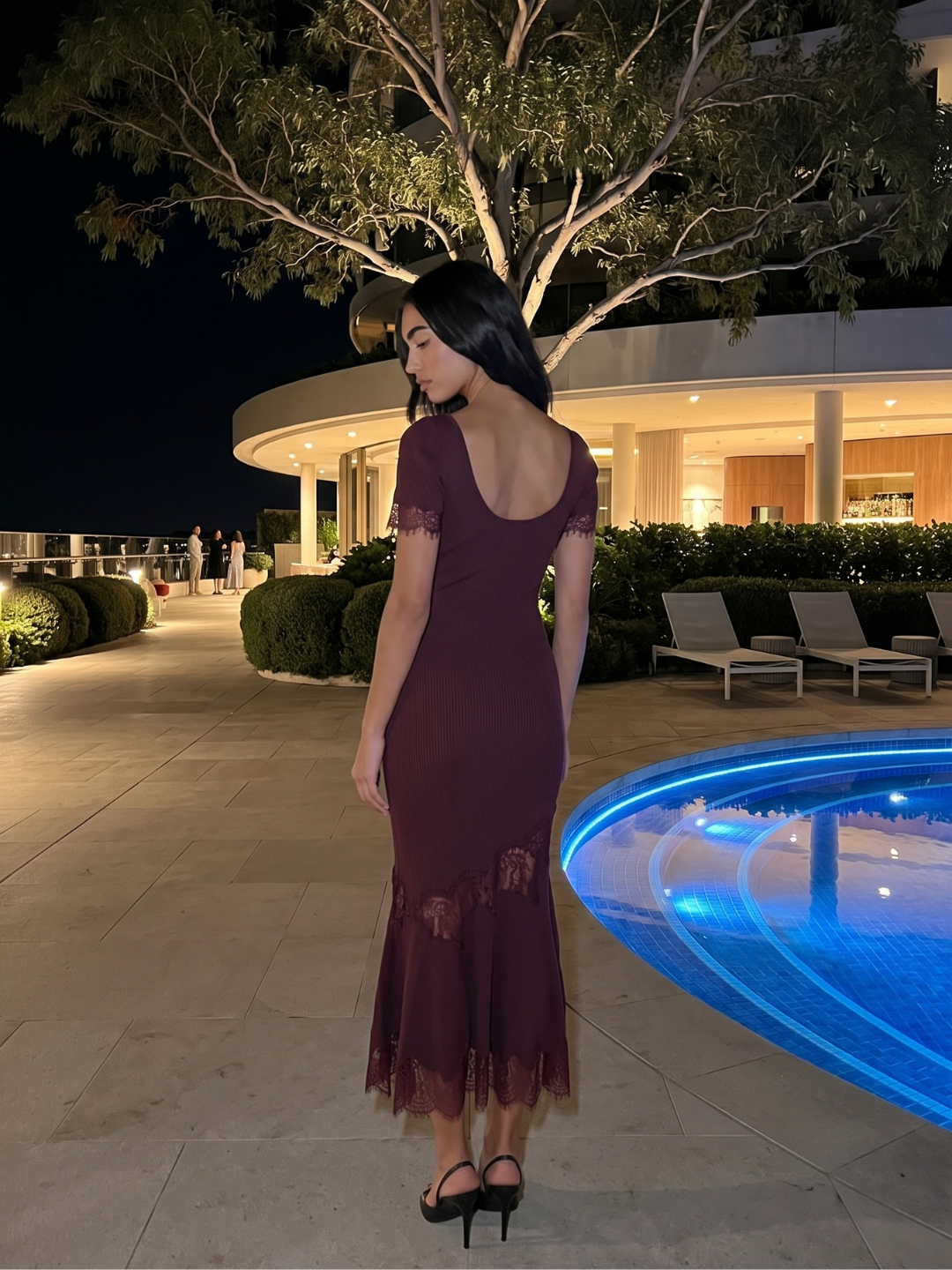 Thea ribbed knit lace-trim mermaid maxi dress in Maroon — side view