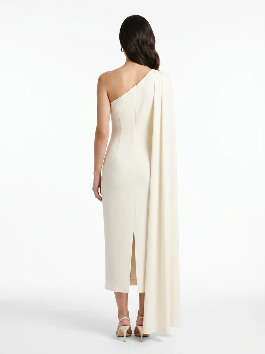 Sienna asymmetric-neck midi dress with sash in white — back view
