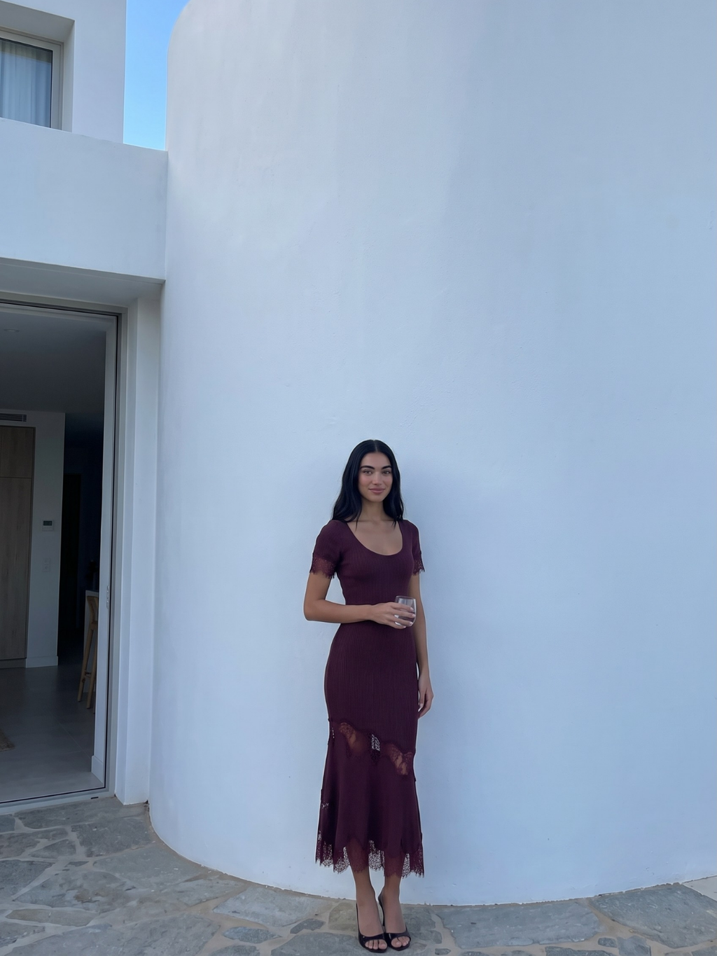 Thea ribbed knit lace-trim mermaid maxi dress in Maroon — lace trim detail