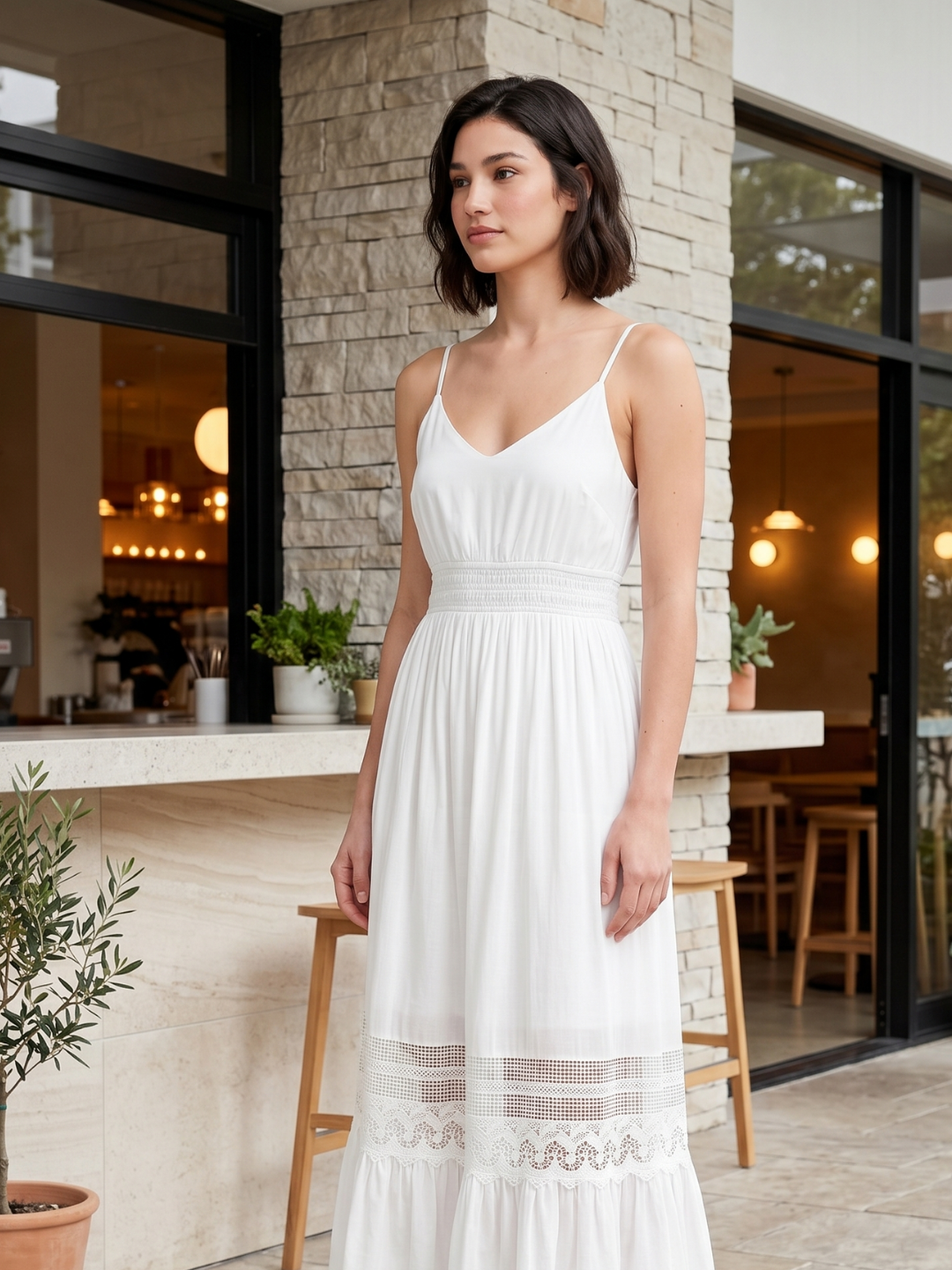 Celine V-neck lace-trim tiered maxi dress in white — detail view