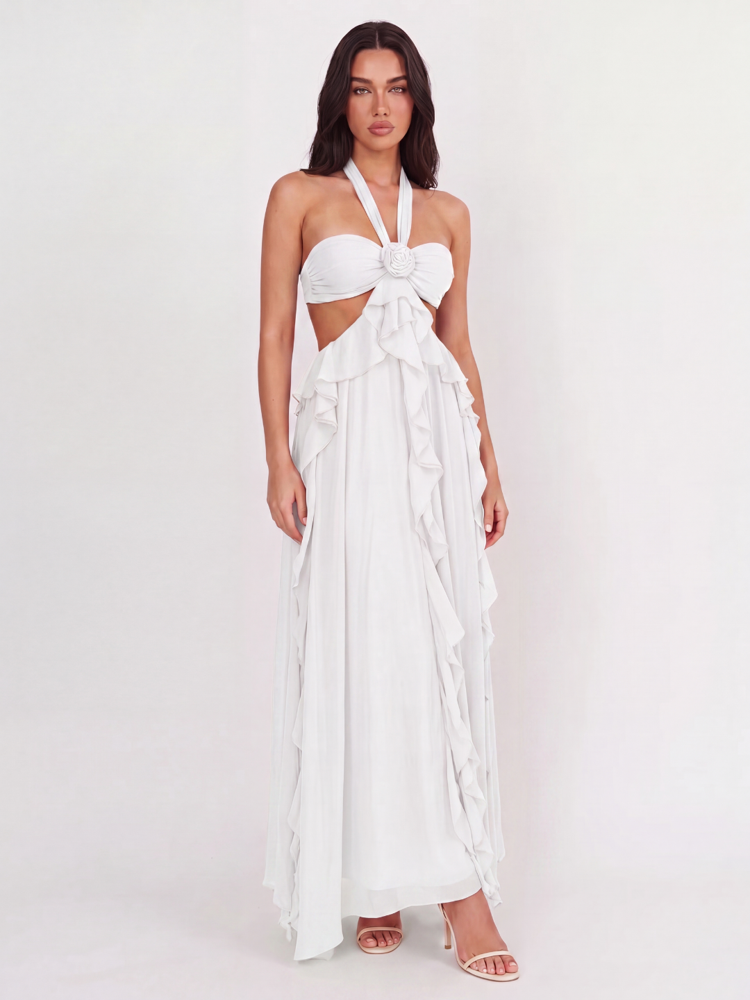 Bexley halterneck cut-out ruffle maxi dress in light green — back view