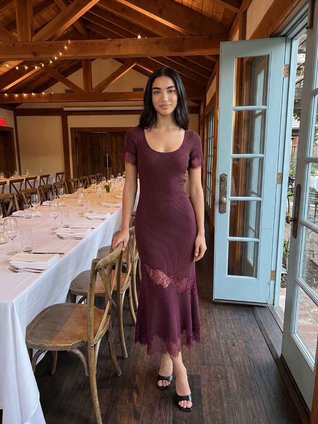 Thea ribbed knit lace-trim mermaid maxi dress in Maroon — full-length view