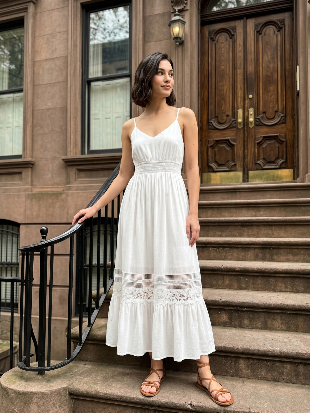 Celine V-neck lace-trim tiered maxi dress in black — front view