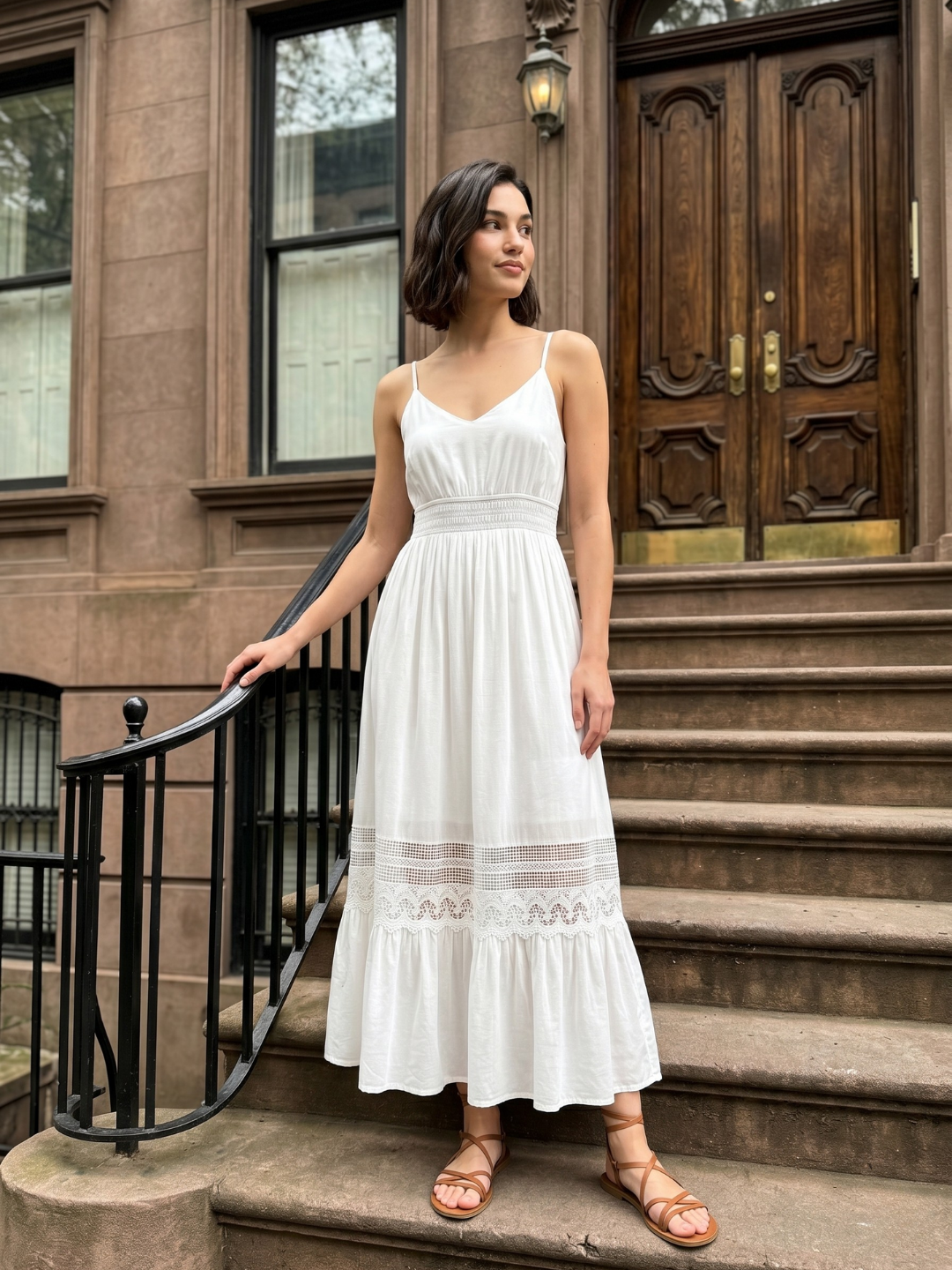 Celine V-neck lace-trim tiered maxi dress in black — front view