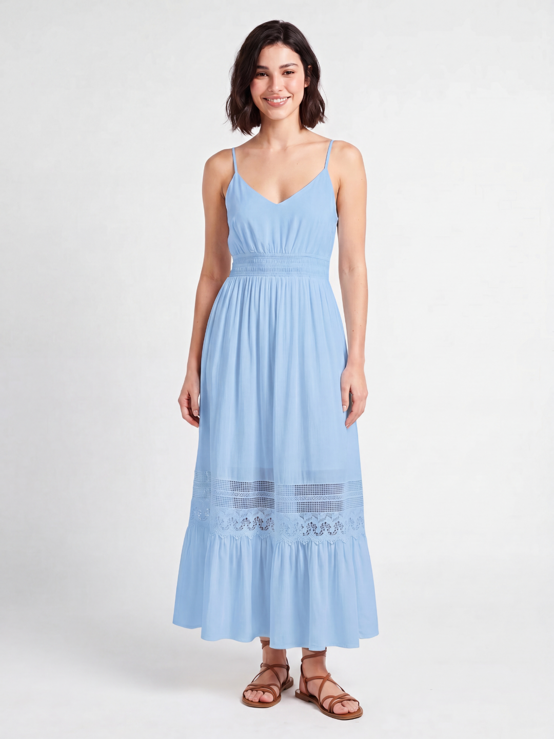 Celine V-neck lace-trim tiered maxi dress in blue — back view
