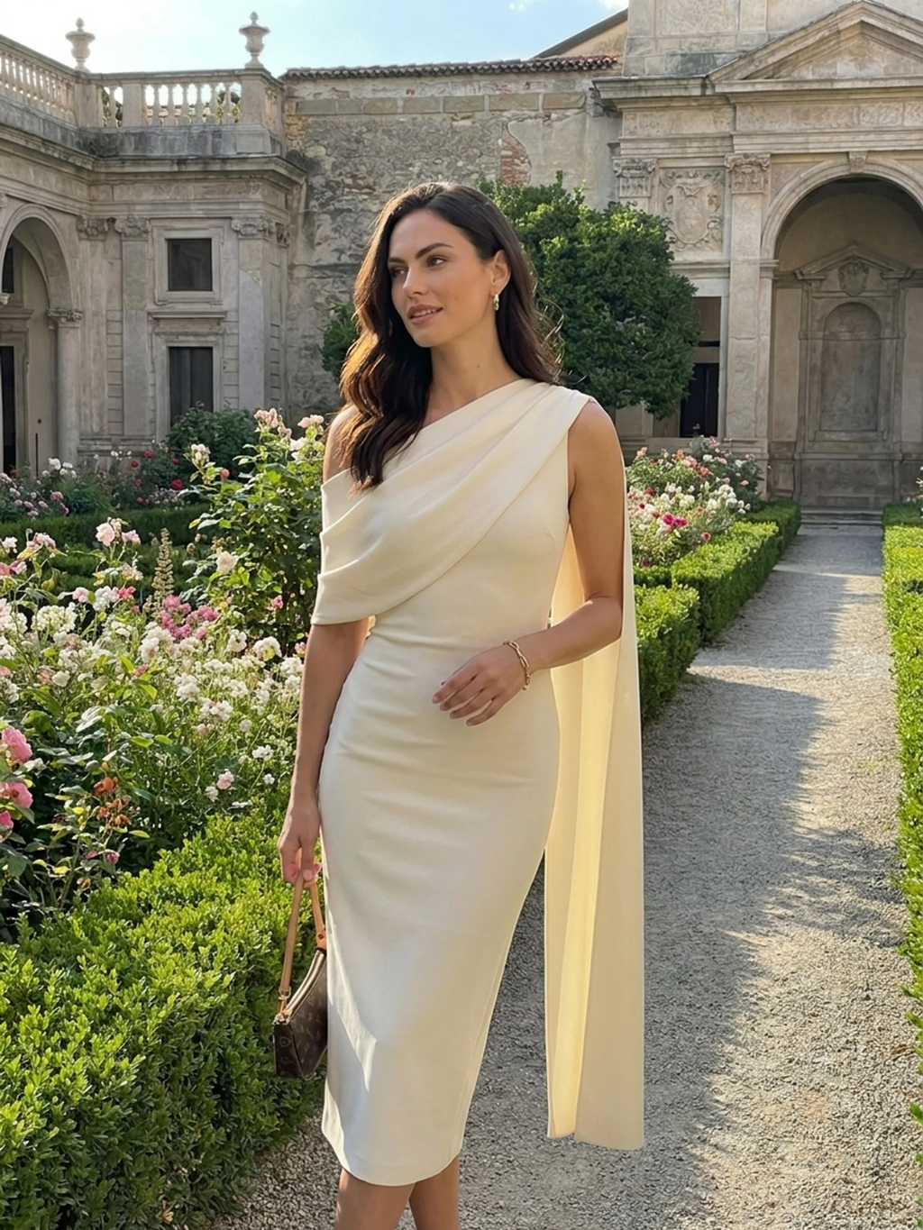 Sienna asymmetric-neck midi dress with sash in white — side view