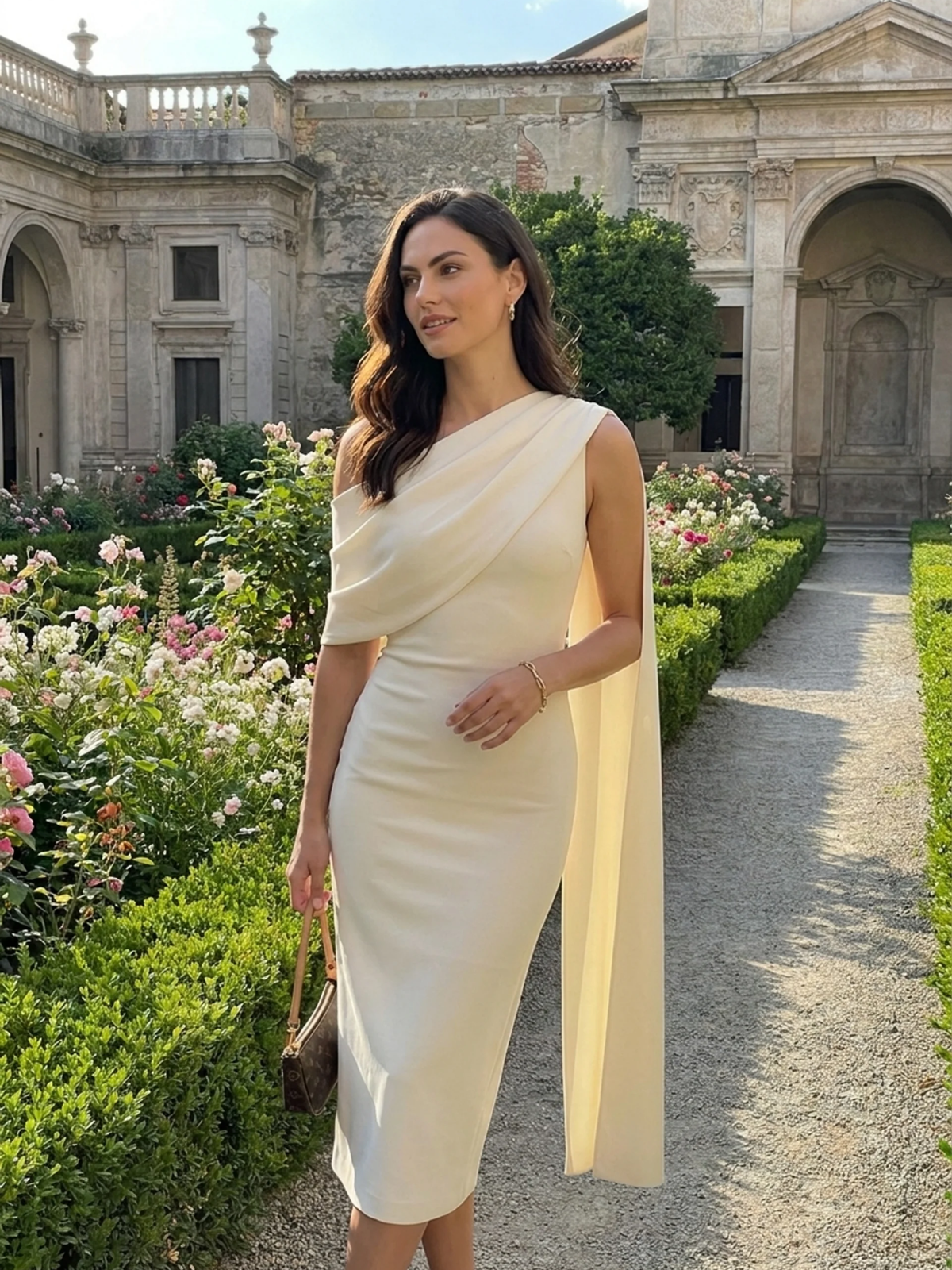 Sienna asymmetric-neck midi dress with sash in white — side view