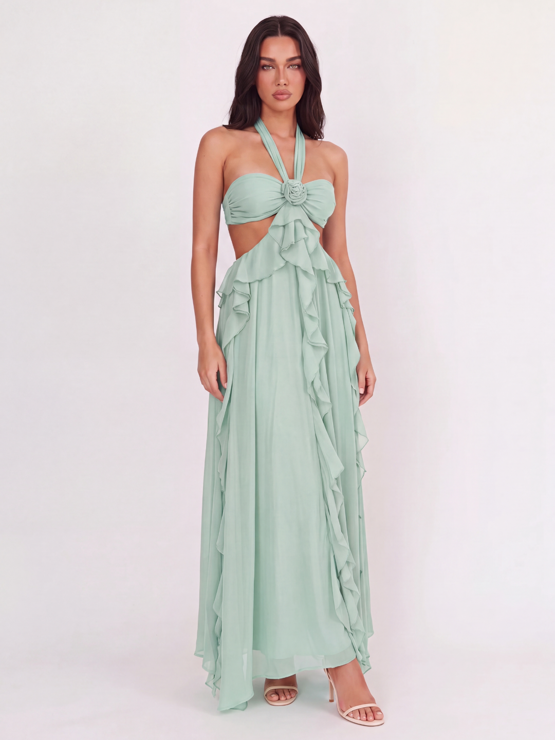 Bexley halterneck cut-out ruffle maxi dress in light blue — front view